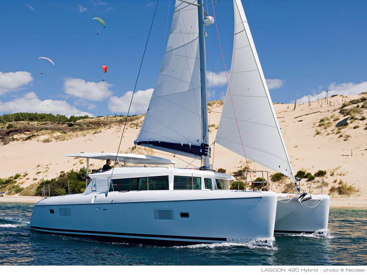 Catamarã fundeado junto à praia